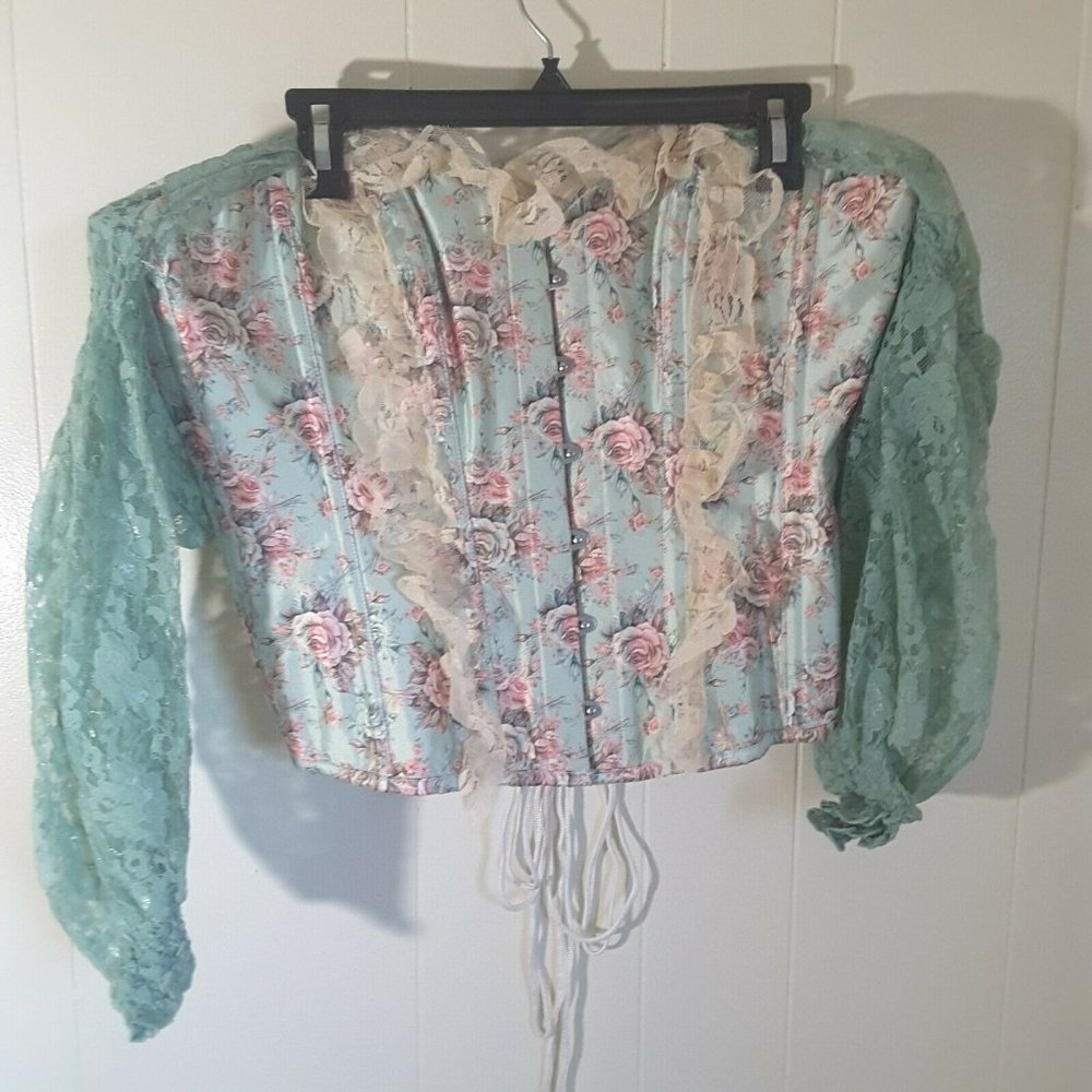 Overbust Corset Bustier Top Size 2XL Teal and Pink Floral Boned Lace